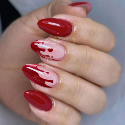 Picture of Halloween Press on Nails Medium Almond French Tip Fake Nails Red Full Cover Blood False Nails with Designs Glossy Glue on Nails Stick on Nails Acrylic Artificial Nails for Women Girls 24Pcs