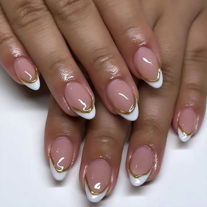 Picture of White French tip Press on Nails Medium Almond Fake Nails Nude Glossy False Nails with Design 3D Gold Stripes Glue on Nails Artificial Acrylic Nail Full Cover Stick on Nails for Women Manicure 24pcs