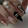 Picture of Black Press on Nails Medium Almond Fake Nails with Gold Foil Design Glitter Stick on Nails Glossy Acrylic Full Cover Gold Line Glue on Nails Nude Stiletto False Nails for Women Girls Manicure 24pcs