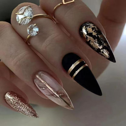 Picture of Black Press on Nails Medium Almond Fake Nails with Gold Foil Design Glitter Stick on Nails Glossy Acrylic Full Cover Gold Line Glue on Nails Nude Stiletto False Nails for Women Girls Manicure 24pcs