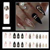Picture of Black Press on Nails Medium Almond Fake Nails with Gold Foil Design Glitter Stick on Nails Glossy Acrylic Full Cover Gold Line Glue on Nails Nude Stiletto False Nails for Women Girls Manicure 24pcs