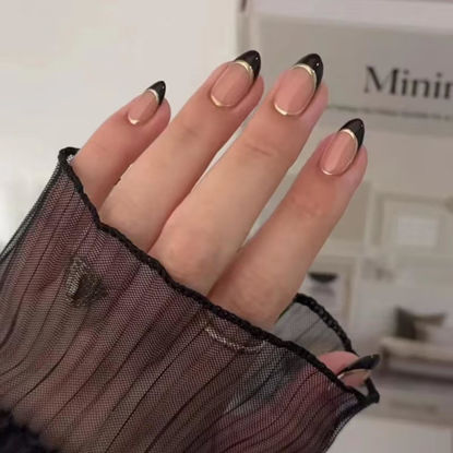 Picture of Black French Tip Press on Nails Short Almond Fake Nails Nude Glossy False Nails with Design Silver Line Glue on Nails Reusable Artificial Acrylic Full Cover Stick on Nails for Women Manicure 24Pcs