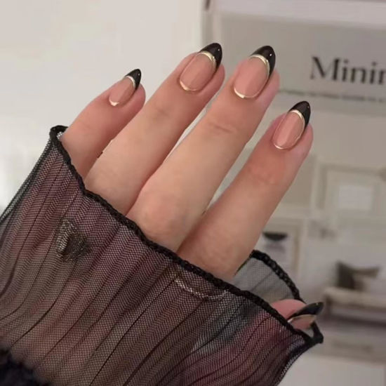 Picture of Black French Tip Press on Nails Short Almond Fake Nails Nude Glossy False Nails with Design Silver Line Glue on Nails Reusable Artificial Acrylic Full Cover Stick on Nails for Women Manicure 24Pcs