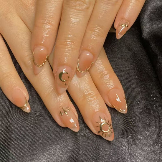 Picture of Star Moon Press on Nails 3D Gold Fake Nails Short Almond False Nails with Design French Tip Glue on Nails Glossy Artificial Acrylic Full Cover Ombre Stick on Nails for Women Manicure 24Pcs