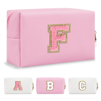 Picture of Personalized Initial A-Z Preppy Patch Makeup Bag,Small PU Leather Chenille Letter Cosmetic Bag with Zipper for Teen Girls,Pink Cute Travel Toiletry Bag,Birthday Monogrammed Gift for Daughter,Letter F