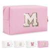 Picture of Small Personalized Initial A-Z Patch Makeup Bag,Pink Cute PU Leather Glitter Letter Cosmetic Bag for Teen Girls,Travel Toiletry Bag with Zipper,Preppy Monogrammed Birthday Gift for Daughter Niece M