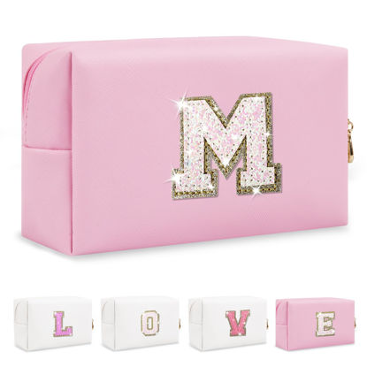 Picture of Small Personalized Initial A-Z Patch Makeup Bag,Pink Cute PU Leather Glitter Letter Cosmetic Bag for Teen Girls,Travel Toiletry Bag with Zipper,Preppy Monogrammed Birthday Gift for Daughter Niece M