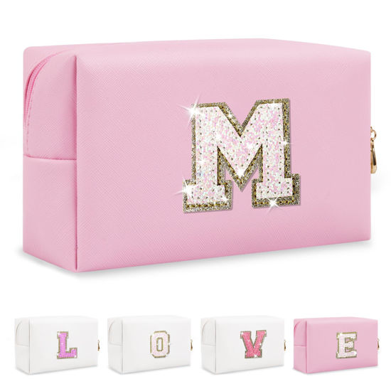 Picture of Small Personalized Initial A-Z Patch Makeup Bag,Pink Cute PU Leather Glitter Letter Cosmetic Bag for Teen Girls,Travel Toiletry Bag with Zipper,Preppy Monogrammed Birthday Gift for Daughter Niece M