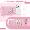 Picture of Small Personalized Initial A-Z Patch Makeup Bag,Pink Cute PU Leather Glitter Letter Cosmetic Bag for Teen Girls,Travel Toiletry Bag with Zipper,Preppy Monogrammed Birthday Gift for Daughter Niece M