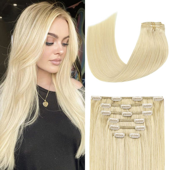 Picture of Aison Platinum Blonde Clip in Hair Extensions Real Human Hair 70G 100% Remy Human Hair Soft Silky Straight7pcs 16clips One Pack (18 Inch #60)