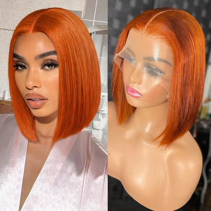 Picture of Flady Ginger Orange Bob Wig Human Hair 13x4 HD Lace Front Wigs Human Hair Pre Plucked with Small Knots 150% Density 350# Colored Lace Frontal Bob Wigs Straight Bob Wigs for Black Women 12 inch