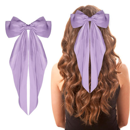 Picture of WLLHYF Big Bow Barrettes Long Tail French Ribbon Hair Pins Soft Silky Satin Hair Clip Metal Bowknot Clips 90's Accessories for Party Women Girl