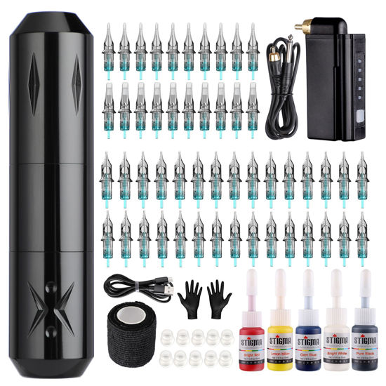 Picture of STIGMA Wireless Tattoo Gun Tattoo Kit Complete with 50pcs Tattoo Cartridge Needles 1400mAh Tattoo Battery 5 Colors Ink Set with Accessories STP29KITP199-1