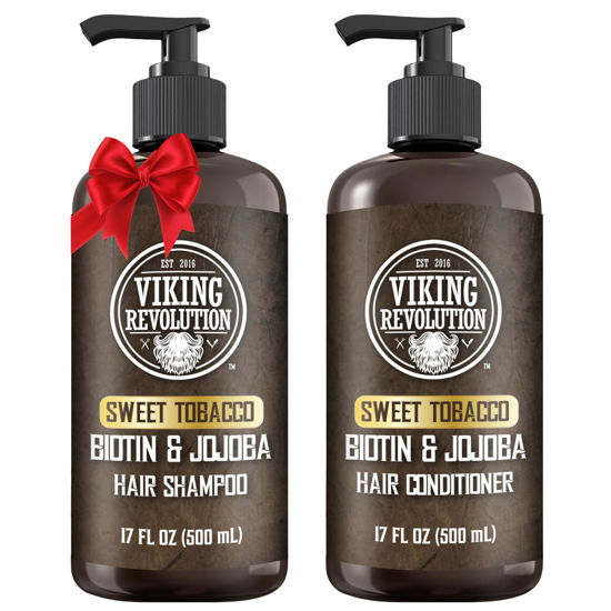Picture of Viking Revolution Sweet Tobacco Mens Shampoo and Conditioner Set with Biotin and Jojoba Oil - Natural Hair Shampoo and Hair Conditioner for Men with Vitamin B5 - Mens Shampoo for Thinning Hair (17Oz)
