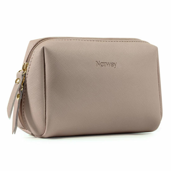 Picture of Narwey Small Vegan Leather Makeup Bag for Purse Travel Makeup Pouch Mini Cosmetic Bag for Women (Small, Brown)