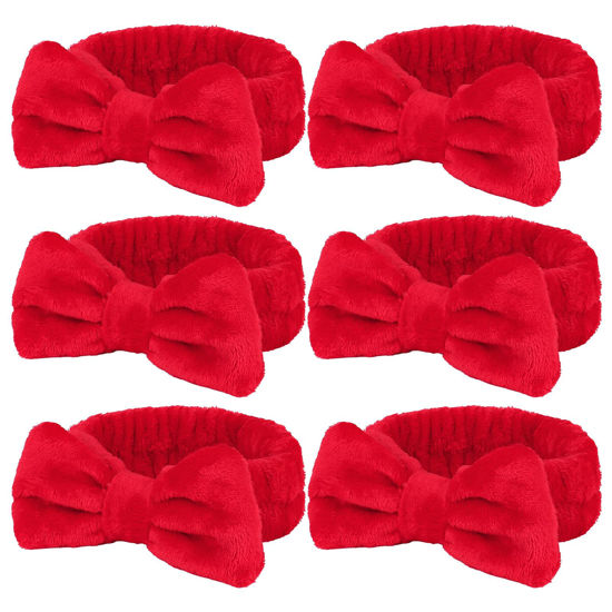 Picture of Casoty 6 Pcs Red Spa Headbands, Skin Care Headband, Soft Coral Fleece Makeup Hair band, Bow Hair Band for Face Washing Shower Skin Care Yoga