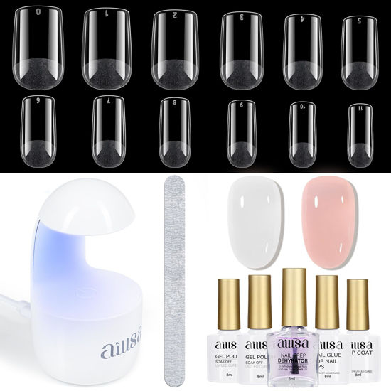 Picture of AILLSA Gel Nail Kit Short Square Nail Tips 240pcs with 2 In 1 Nail Glue Base Coat and Nail Dehydrator, Gel Manicure Full Nail Kit with Nail Lamp Top Coat for Starters Home Salon