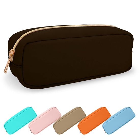 Picture of UIXIZQ Waterproof Small Pencil Case Makeup Bag for Purse,Cute Pencil Pouch Preppy Nylon Makeup Brush Holder with Zipper,Girls Portable Storage Case Small Pen Bag for Office College(Slim-Chocolate)