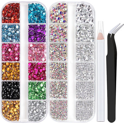 Picture of Two Packs of Flatback Rhinestones 4520 Pcs Rainbow Gems Crystal Nail Rhinestones for Crafting, Colorful+ AB+Transparent White Rhinestones for Bedazzling with Picker Tools for Nail Art and Face Makeup