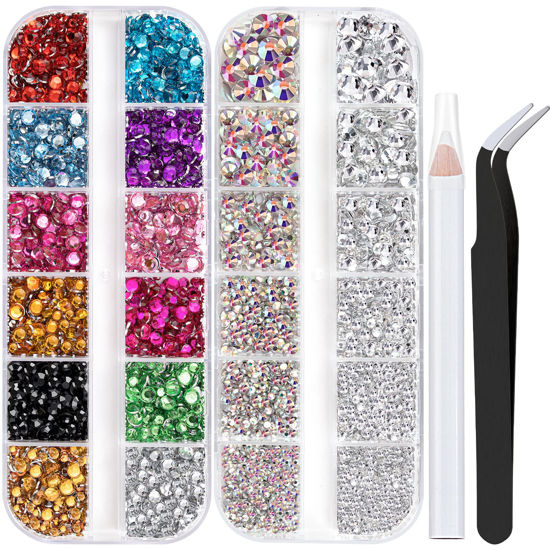 Picture of Two Packs of Flatback Rhinestones 4520 Pcs Rainbow Gems Crystal Nail Rhinestones for Crafting, Colorful+ AB+Transparent White Rhinestones for Bedazzling with Picker Tools for Nail Art and Face Makeup