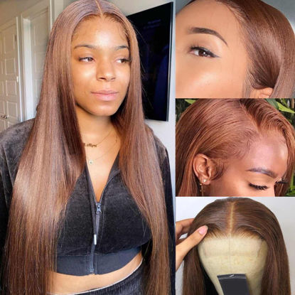 Picture of Chocolate Brown 13x4 HD Lace Front Wigs Human Hair Straight Brazilian Virgin Lace Front Human Hair Wigs Colored Pre Plucked With Baby Hair For Women 150% Density (18 Inch, Chocolate Brown Color)