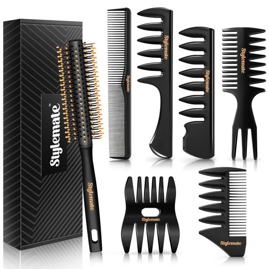 Picture of Stylemate Men's Hair Styling Combs and Brush Set - Roller Brush for Adding Volume, Pompadour, Slicked-back, Fauxhawk, Undercut Styling Combs