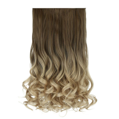 Picture of REECHO 20" 1-pack 3/4 Ombre Full Head Curly Wave Clips in on Synthetic Hair Extensions HE008 Hair pieces for Women 5 Clips 4.5 Oz Per Piece - Ombre Light Brown to Dirty Blonde