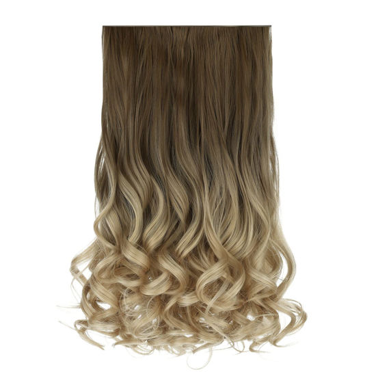 Picture of REECHO 20" 1-pack 3/4 Ombre Full Head Curly Wave Clips in on Synthetic Hair Extensions HE008 Hair pieces for Women 5 Clips 4.5 Oz Per Piece - Ombre Light Brown to Dirty Blonde