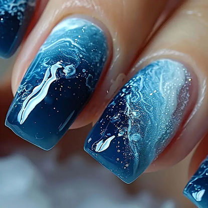 Picture of QQPPOLIU Short Press on Nails Square Shape with Sea Wave Design Acrylic Nails Winter Press on Nails