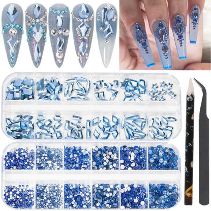 Picture of HNUIX Nail Rhinestones - 2920pcs 3D Multi Shape Size Crystal , Light Blue Nail Gems, Flat Back, with Kit, for Nail Art, DIY Decorations