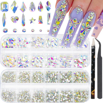 Picture of HNUIX Nail Rhinestones - 2920pcs 3D Multi Shape Size, Crystal AB Nail Gems, Flat Back, with Kit, for Nail Art, DIY Decorations