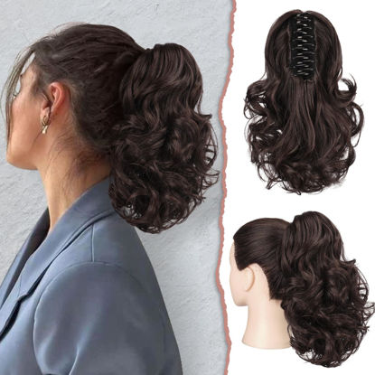 Picture of SOFEIYAN Ponytail Extension 11 inch Claw Clip Ponytail Hair Extensions Long Curly Wavy Ponytail Fluffy Clip on Pony Tails Synthetic Hairpiece for Women，Dark Brown & Dark Auburn Mixed