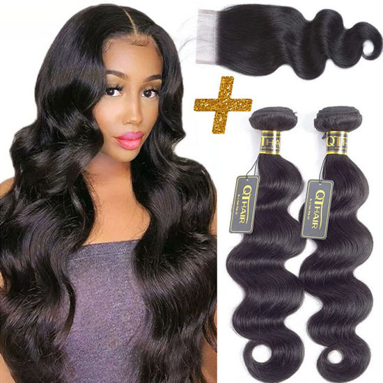 Picture of QTHAIR 14A Brazilian Body Wave with Closure 100% Unprocessed Brazilian Virgin Hair 2 Bundles with Free Part Closure Natural Black Body Wave Human Hair Bundles With Closure(12 12 with 10inch)