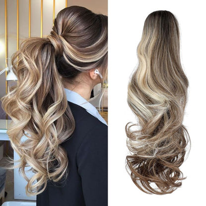Picture of FELENDY Ponytail Extension Claw 18" 20" Curly Wavy Straight Clip in Hairpiece One Piece A Jaw Long Pony Tails for Women Dark Brown Mix Ombre Blonde