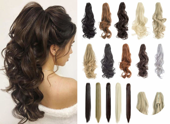 Picture of FELENDY Ponytail Extension Claw 18" 20" Curly Wavy Straight Clip in Hairpiece One Piece A Jaw Long Pony Tails for Women Ash Blonde Mix Ginger Brown