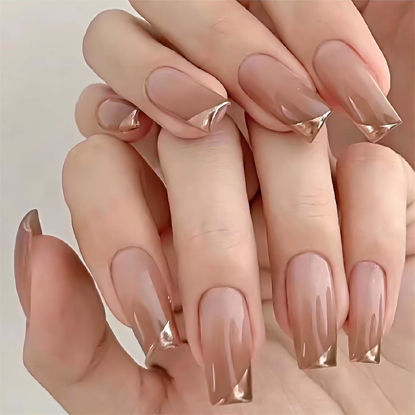 Picture of RUOKEXIN Medium Press on Nails Coffin Fake Nails with Designs Nude Gradient Acrylic False Nails with Glue French Gold Tip Artificial Nails Glossy Fake Fingernails Stick on Nails for Women 24Pcs