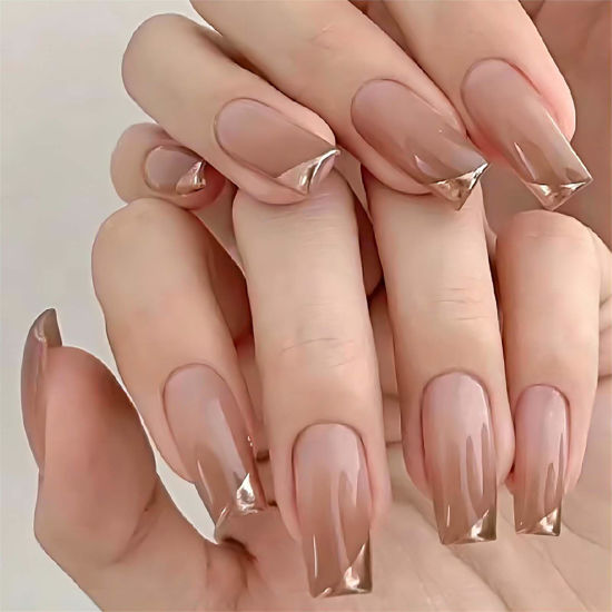 Picture of RUOKEXIN Medium Press on Nails Coffin Fake Nails with Designs Nude Gradient Acrylic False Nails with Glue French Gold Tip Artificial Nails Glossy Fake Fingernails Stick on Nails for Women 24Pcs