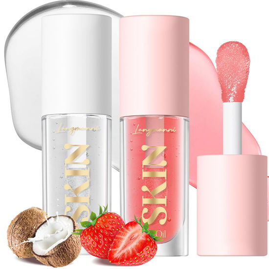 Picture of BANGFENG 2Pack Non-sticky Lip Oil, Moisturizing Glossy/Shiny Lip Gloss Oil PlumpingTint, Hydrating Lip Gloss Lip Balm, Long Lasting Nourishing Fruit Flavoure Lip Oils(Strawberry + Coconut)