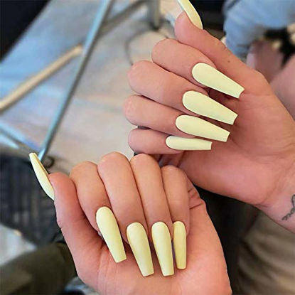 Picture of Vaveah 24 Pcs Matte Press on Nails Coffin with Glue, Extra Long Matte Fake Nails Glue on Nails, False Nails with Glue for Women (Light Yellow)