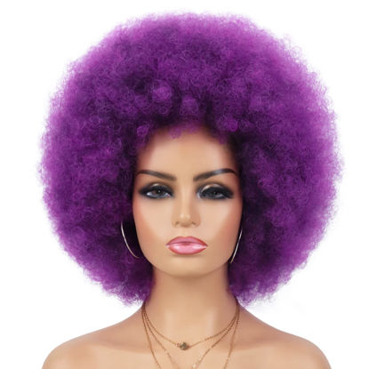 Picture of G&T Wig 70s Afro Puff Wigs for Black Women Glueless Wear and Go Wig Short Afro Synthetic Wig Fluffy Shoulder Length Heat Resistant Natural and Soft Kinky Curly Wig(Dark Purple)