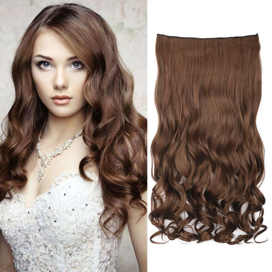 Picture of REECHO 20" 1-Pack 3/4 Full Head Curly Wave Clips in on Synthetic Hair Extensions HE008 Hairpieces for Women 5 Clips 4.5 Oz per Piece - Medium Warm Brown