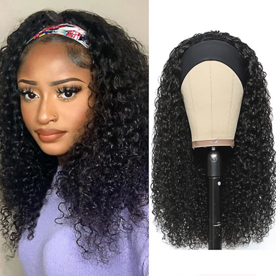 Picture of XSY Headband Wig Human Hair Deep Wave 16 Inch Curly Headband Wig Glueless None Lace Front Wigs for Black Women Deep Curly Headband Half Wigs 150% Density Natural Color