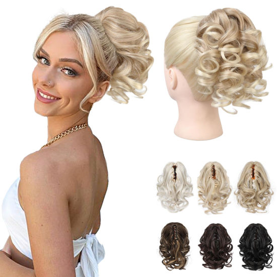Picture of REECHO Ponytail Extension, 9" Claw Clip in Short Curly Wavy Pony Hair Extension Jaw Clip on Pony Tail HP001 Hairpiece for Women - Dark Blonde with Light Blonde Ends