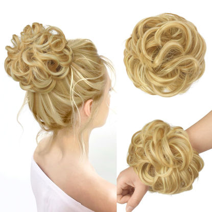 Picture of FESHFEN Messy Bun Hair Piece Curly Wavy Large Hair Bun Scrunchies Extensions Synthetic Strawberry Blonde & Bleach Blonde Tousled Updo Hairpieces for Women Girls
