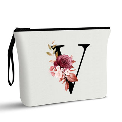 Picture of Vavabox A-Z Personalized Makeup Bag,Birthday Gifts for Women Mom,Gifts for Best Friend,Bride Bridesmaid Cosmetic bag (V, White)