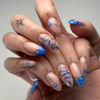 Picture of Snake Press on Nails Medium Almond Fake Nails Blue French Tip False Nails with Silver Line Design Star Glue on Nails Artificial Acrylic Nails Full Cover Nude Stick on Nails for Women Manicure 24Pcs