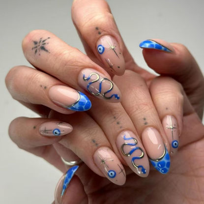 Picture of Snake Press on Nails Medium Almond Fake Nails Blue French Tip False Nails with Silver Line Design Star Glue on Nails Artificial Acrylic Nails Full Cover Nude Stick on Nails for Women Manicure 24Pcs