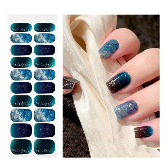 Picture of OAUEE Semi Cured Gel Nail Strips | 20 Gel Nail Stickers | Gel Nail Stickers with UV Light Required | Salon Quality, Easy Application and Removal（Peacock Color）