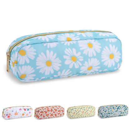 Picture of Waterproof Small Floral Pencil Case Makeup Bag for Purse,Cute Flower Pencil Pouch Preppy Nylon Makeup Brush Holder with Zipper,Girls Portable Storage Case Small Pen Bag for Work(Slim Blue-Daisy)