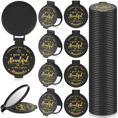 Picture of Gulfmew 2.76 Inch Inspirational Compact Mirror Bulk Round Makeup Glass Mirror Personal Purse Pocket Mini Mirror Gifts for Women Galentines Coworker Teacher Graduation Friends(Black,36 Pcs)